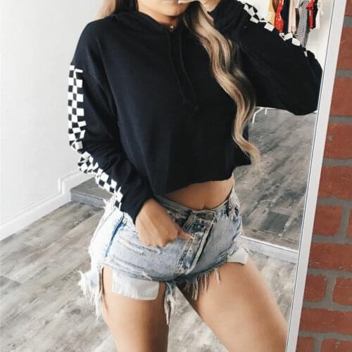 Gothic Women Sport Hoodie Sweatshirt Long Sleeve Jumper Plaids Crop Top Short Pullover Black Yellow Tracksuit Female Tops