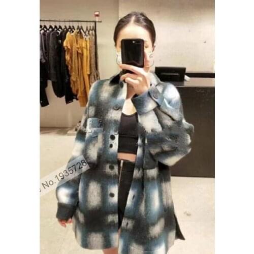 2022 Ladies Contrast Plaid Pockets Buttoned Woolen Wool Blend Long Sleeve Coat