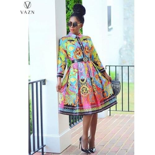 VAZN 2021 Autumn Plus Size High-end Chiffon Retro Print Overalls Long Shirt Dress Sexy Full Sleeve Vestidos For Female