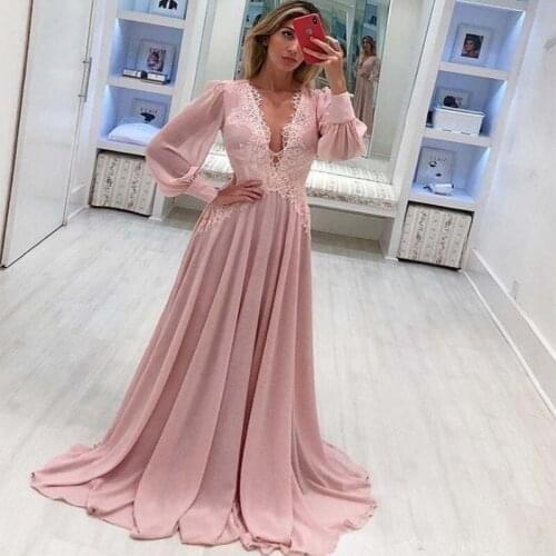Blush Pink Chiffon Elegant Evening Dresses Sexy Deep V-Neck Long Sleeve Lace Applique Backless Formal Prom Party Dress Plus Size