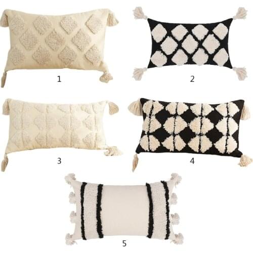 1Pc Morocco Ethnic Style Throw Pillow Case with Tassel Boho Woven Tufted Geometric Plaid Striped Lumbar Cushion Cover Decor