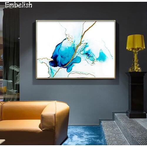 1 Pieces Modern Nordic Style Blue And Golden Paints Home Decor Wall Art Posters For Living Room HD Print On Canvas Oil Paintings