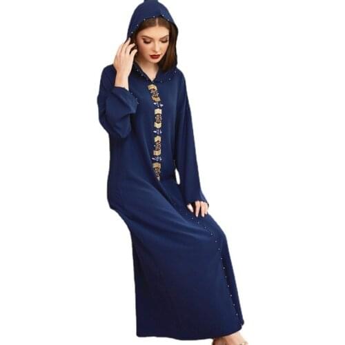 2021 Fashion Style Muslim Women Long Sleeve Navy Blue Long Abaya Woman Abaya Muslim Fashion Muslim Dress