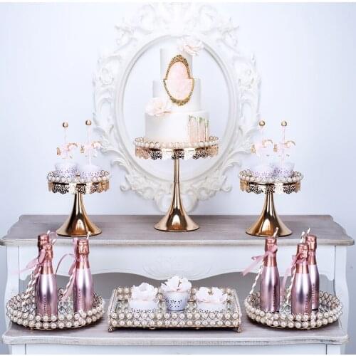 3pcs-6pcs Brand new Pearl & mirror cake stands set fondant cupcake wedding table decorating tools gold/ silver color