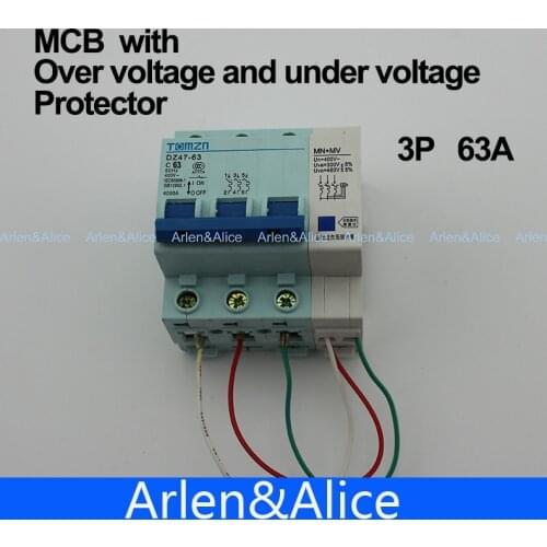 3P 63A 400V~ 50HZ/60HZ MCB with over voltage and under voltage protection Mini Circuit breaker C45 C type