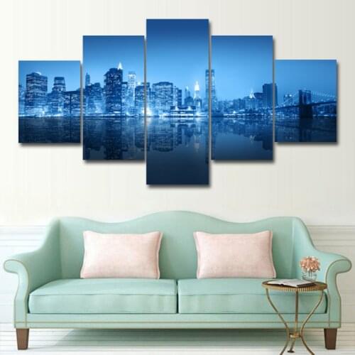 Blue seaside city night view 5 pcs Modern Home Wall Decor Canvas Picture Art HD Print Painting On Canvas for Living Room