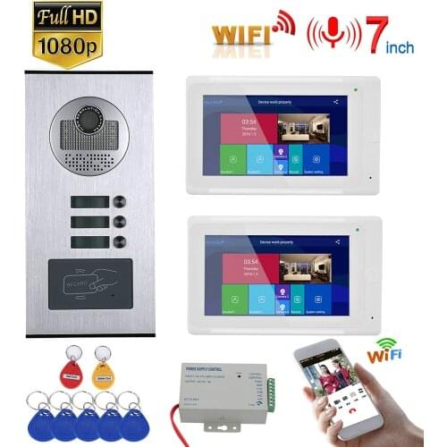 7inch Record Wired Wifi Video Intercom 2 Apartments with 2 Family RFID Video Doorphone System IR-CUT HD 1080P Doorbell Camera