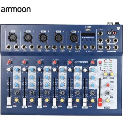 Ammoon F7-USB 7-Channel Digital Mic Line Audio Sound Mixer Mixing Console with USB Input 48V Phantom Power 3 Bands Equalizer
