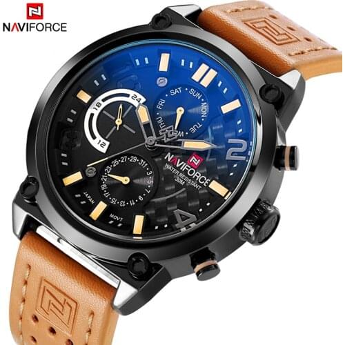 NAVIFORCE Men Sport Watches Luxury Brand Quartz Watch Genuine Leather Waterproof Wristwatch For Men Date Clock Relogio Masculino