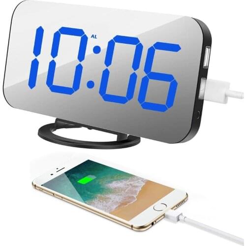 Digital Alarm Clock 6.5'' Large Display Makeup Mirror Alarm Clock with USB Charger Dimmer Snooze LED Clock for Home Office Decor