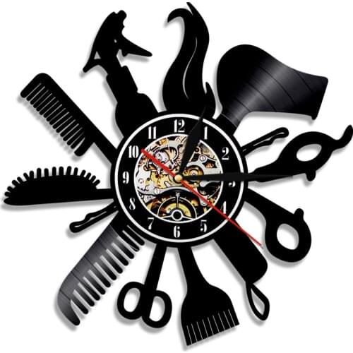 Colorful Barber Shop Wall Art clock Beauty Salon Store Vintage Vinyl Record LED Wall Clock Haircut Horloge Hairdresser Gift