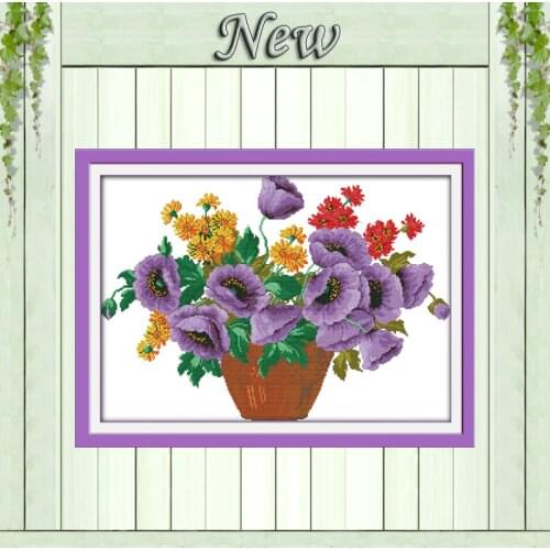 Purple potted flower vase 11CT patterns printed on the canvas 14CT needlework diy dmc cross stitch chinese Sets Embroidery kits
