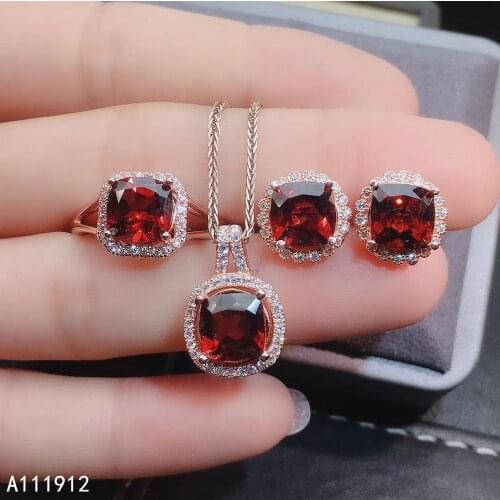 KJJEAXCMY fine jewelry natural garnet 925 sterling silver women pendant necklace chain ring earrings set support test exquisite