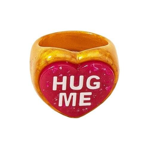 Ins Contrast Acrylic Resin Acetic Acid Red Heart Hug Me Letter Knuckle Finger Piercing Ring Trendy Korean Fashion Party Jewelry