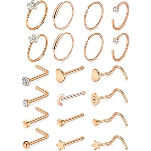 Stainless Steel L Shape Nose Stud Set 20G Bend Crystal Nose Ring And Stud Lot Hoop Nose Ring Bulk Pircing Nariz Body Jewelry