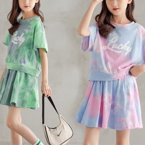 Girls' Summer Clothes 2021 New Sports Suit Childrens Summer Fashionable Clothes Wide Leg Pants Skirt Two-piece Set