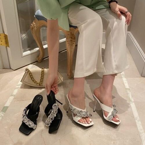 Fashion Big Silver Chain Diamond Weave Cross Thin High Heel Slippers Mules Shoes Women Luxury Sandals Slip On Square Toe Outdoor