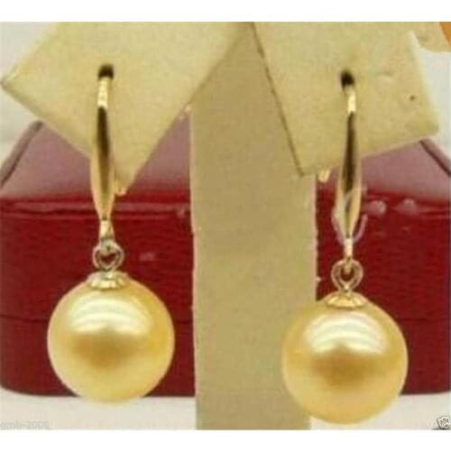 Hot sale new Style >>>>Round 12mm Yellow South Sea Shell Pearl 14 GP Leverback Dangle Earrings AAA