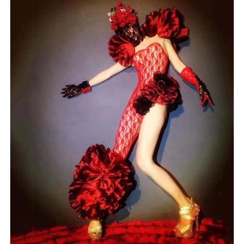 New Women Sxey Lace Mask Jumpsuit Stretch Dance Headdress Outfit Female Singer Evening Party Prom Nigthclub Performance Bodysuit