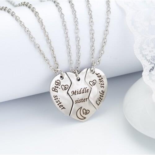 3 Pcs/Set Sister Love Charming Pendant Necklace Heart Contacted Together Pendants Simple Metal Necklace Costume Jewelry