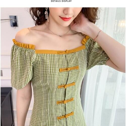 Summer Slim Sexy Party Casual Off Shoulder Green Check Qipao Traditional Chinese Clothes Modern Cheongsam Mini Dress for Women
