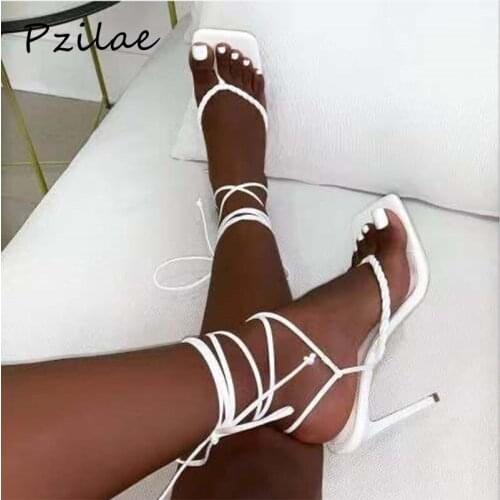 Pzilae Sexy Shoes Woman Elegant Ankle Strappy Party Pumps White Gold High Heels Thong Sandals Square Toe Cross-Tied Ladies Shoes