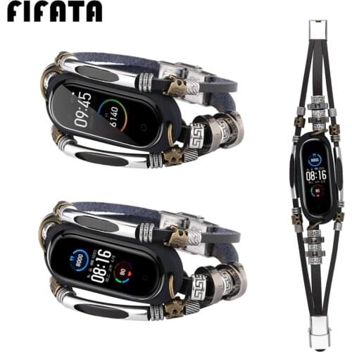 FIFATA Smart Bracelet Strap Metal+Leather Watchband For Xiaomi Mi Band 5 4 3 Replacement Wrist Strap For Mi Band3 4 5 Watchstrap