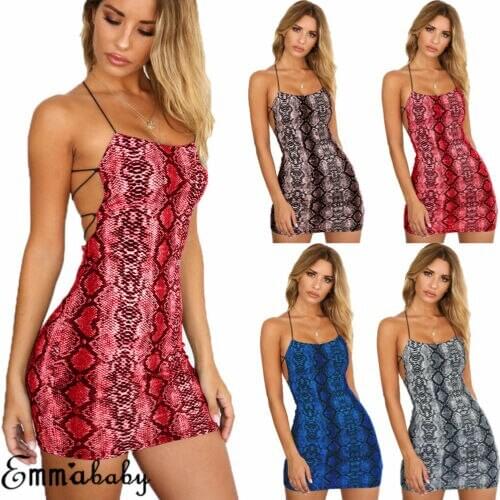 Sexy Cross Bandage Backless Bodycon Dress Women Sleeveless Halter Summer Dress Snake Print Short Party Casual Mini Dress