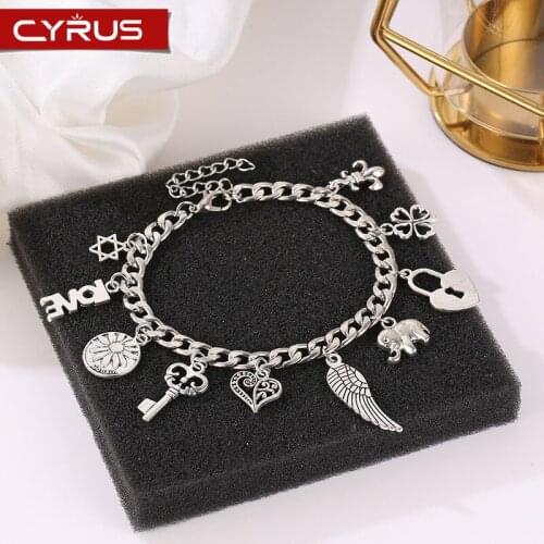 Punk Stylish Chain Bracelets Alloy Heart Wing Pendant Bracelets Jewelry Accessories Women Girl Party Gift Trendy Silver Color