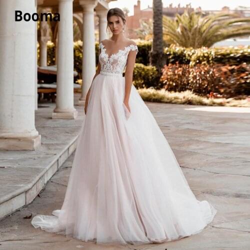 Booma Off Shoulder Tulle Wedding Dresses 2020 Appliques Lace Beach Bride Dress Beading Light Pink Boho Bridal Gown Plus Size