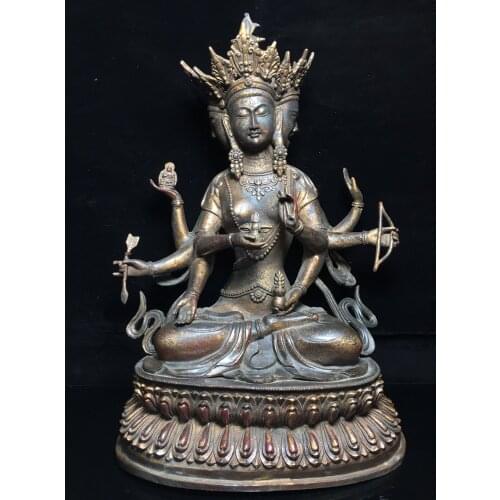 18" Tibet Buddhism Old Bronze Cinnabars Three-headed eight-arm Tara Buddha statue Lord Buddha Avalokitesvara Enshrine the Buddha