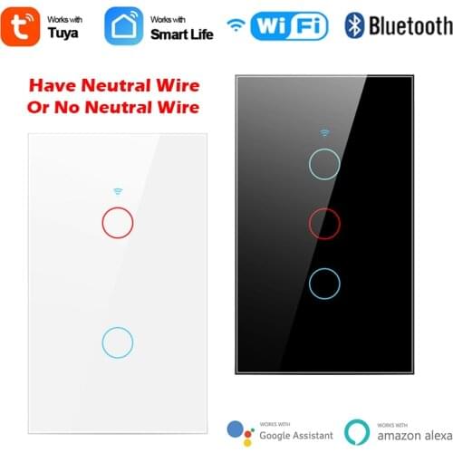 Tuya WiFi+Bluetooth Smart Light Switch 1,2,3 Gang No Neutral Wire Touch Sensor Smart Wall Switch Works with Alexa Google Home