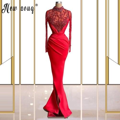 Red High Neck and Long Sleeve Beaded Evening Dresses 2021 Mermaid Split Side Floor Length African Celebrity Gowns De Soiree
