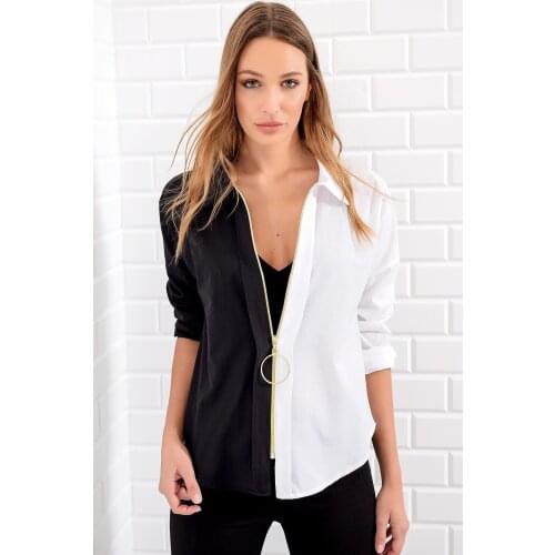 Women Black White Zipper Color Block Woven Shirt