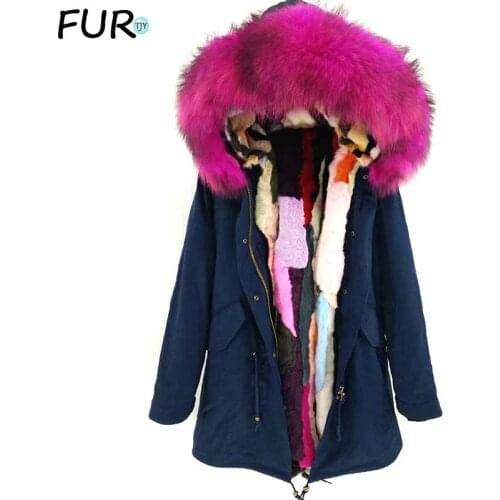 2020 New Winter Woman long parka color rabbit fur liner Natural Real Raccoon fur collar Detachable hooded thick warm parka