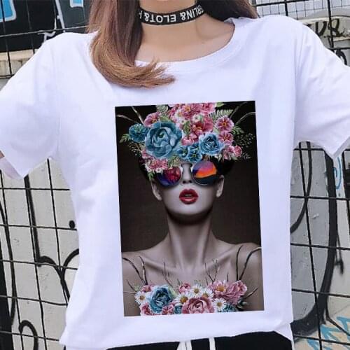 New Harajuku Aesthetics womens white Tshirt Fashion Sexy Flowers Printed T-Shirt Summer leisure Short Sleeve Female Top T shirt