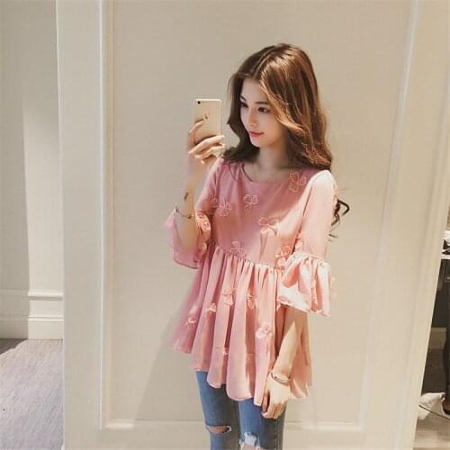 Korea Chiffon Shirt 2021 Summer Sweet Floral Five Points Flare Sleeve Shirts Ladies Casual Loose A Line Ruffles Blouses Female