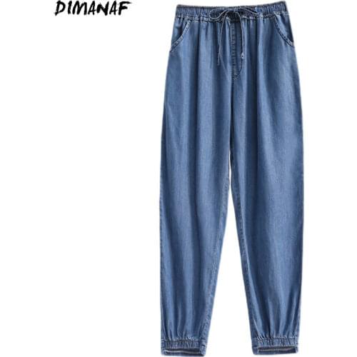 DIMANAF Plus Size Women Jeans Pants High Waist Denim Harem Female Elastic 2021 Drawstring Pockets Blue Trousers Large Size S-5XL
