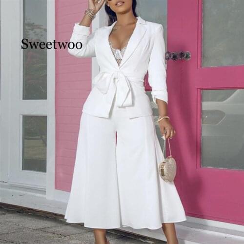 Office Lady Blazer with Pantskirts Suit set Elegant 2 Piece Sets Sashes Women Jackets Trousers Wide Leg Culottes Modest Fashion