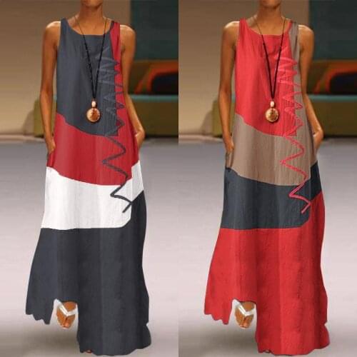 Women Patchwork Sundress 2021 Summer Maxi Dress Kaftan Casual Sleeveless Tunic Vestido Female 100 %Cotton Robe Plus