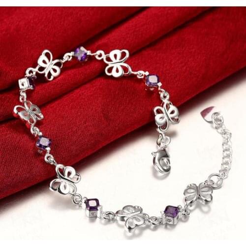 Silver Plated Charms Bracelet Creative Butterfly Bracelets For Women Purple Crystal Zircon Bracelets & Bangles Jewelry LJ1426