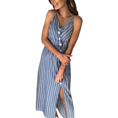 2020 Stripe Long Dress Spaghetti Strap Sleeveless Dresses Skew Button Design Summer Dress Split V Neck High Waist Sundress