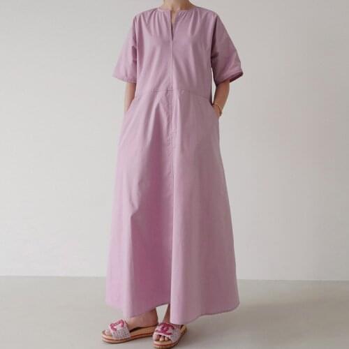 Johnature Korean New Women Clothing Dress 2021 Summer Simple V-neck Short Sleeve Pockets Solid Color Loose Dresses