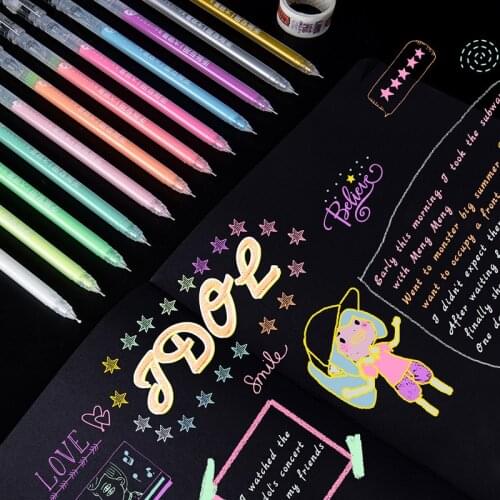 12colors/Set Colored Gelly Roll Highlighter Pens Fine Liner Color High-Gloss Hook Line Pen Sketch Art Supplies School Stationery