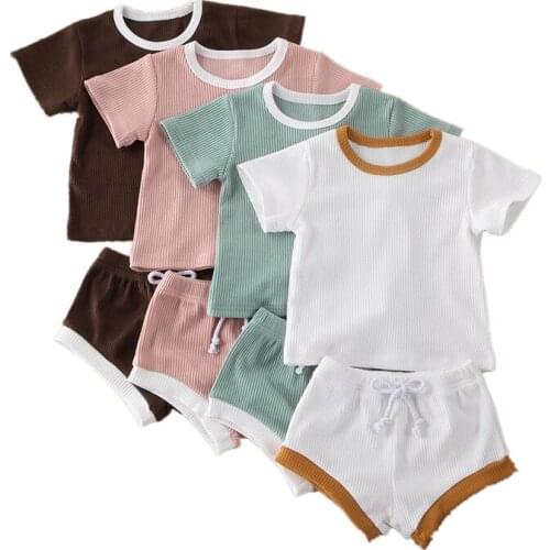 2PCS Kids Baby Girl Boy Clothes Short Sleeve Tops T-shirt+Shorts Knitted Outfit Baby Summer Clothing 0-3Years