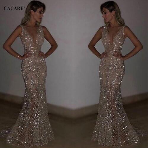 CACARE Shinny Long Evening Dress Christmas Dress Party Night Wedding Gold Silver Choices F0544 S-2XL