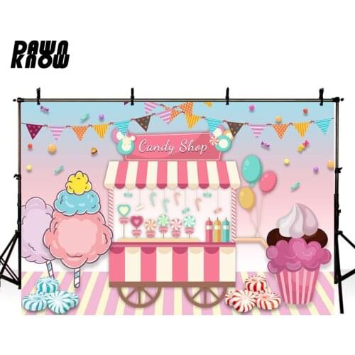 DAWNKNOW Cartoon Pink Cotton Candy Shop Photography Background For Baby Photocall Backdrop Children Photo Studio lv2400