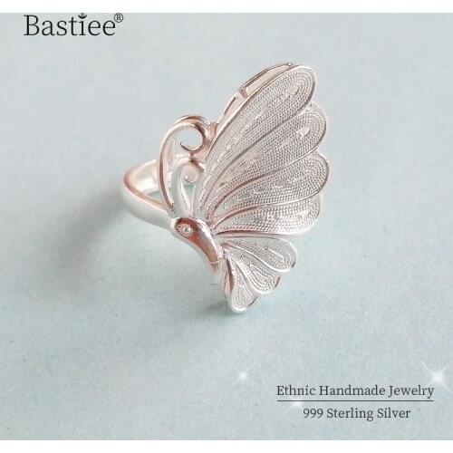 Butterfly 999 Sterling Silver Rings For Women Big Boho Ring Engagement Adjustable Handmade Luxury Jewelry Vintage Miao Silver
