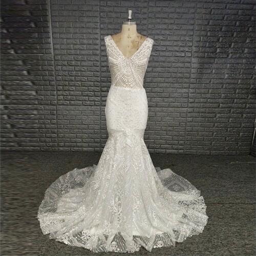 V Neck Open Back Sleeveless Mermaid Lace Wedding Dress Bridal Gown 2020