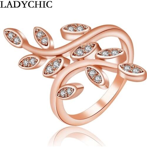 LADYCHIC High Quality Rose & White Gold Color Crystal Wedding Rings Trendy Elegant Leaf Flower Design Women Jewelry Gifts LR1081